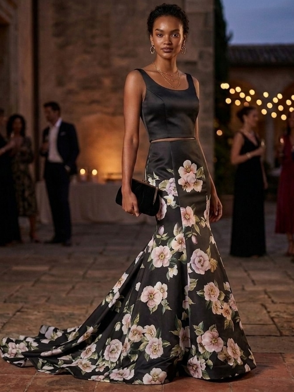 La Femme Black Maxi Skirt with Pink Floral Print